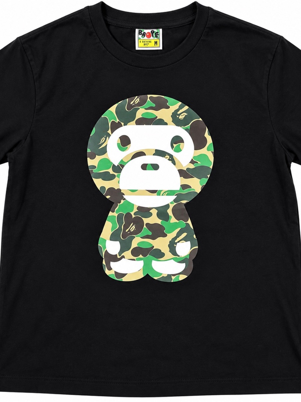 BAPE woman’s Black T-Shirt with Green Camo Ape Graphic